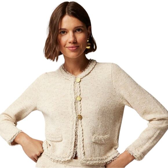 J.Crew Cream Bouclé Fringe Sweater Jacket 2X NWT Gold Button Blazer - Picture 1 of 8